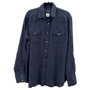 VTG Wrangler Western Pearl Snap Shirt Mens XL Blue Striped Retro Cowboy